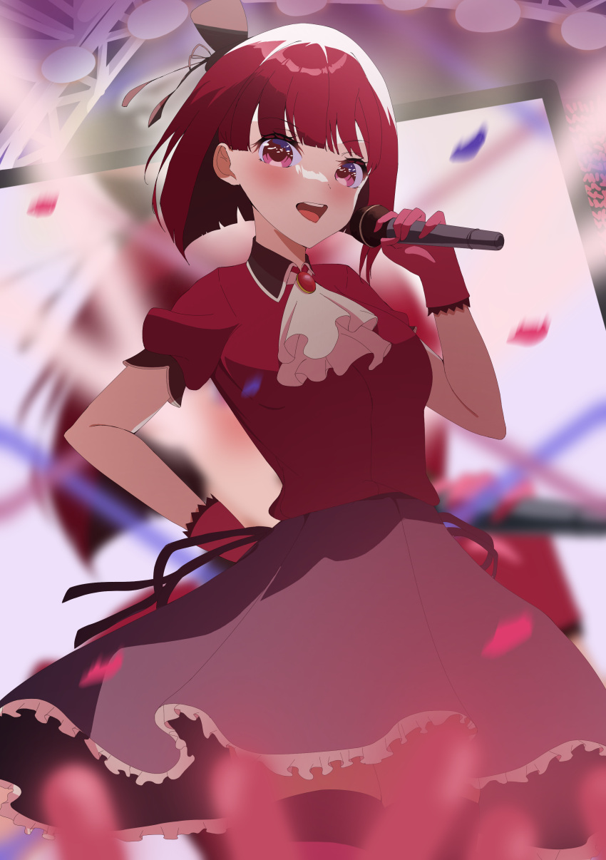 1girl absurdres arima_kana ascot audience blunt_bangs blurry blurry_foreground blush bob_cut collared_shirt commentary cowboy_shot english_commentary floating_hair frilled_gloves frilled_skirt frills gloves glowstick hand_on_own_hip hat highres holding holding_microphone idol idol_clothes inverted_bob looking_at_viewer microphone mini_hat mon_monn motion_blur open_mouth oshi_no_ko pink_gloves puffy_short_sleeves puffy_sleeves purple_skirt red_brooch red_eyes red_shirt red_thighhighs redhead screen_zoom shirt short_sleeves skirt solo teeth thigh-highs upper_teeth_only white_ascot zettai_ryouiki