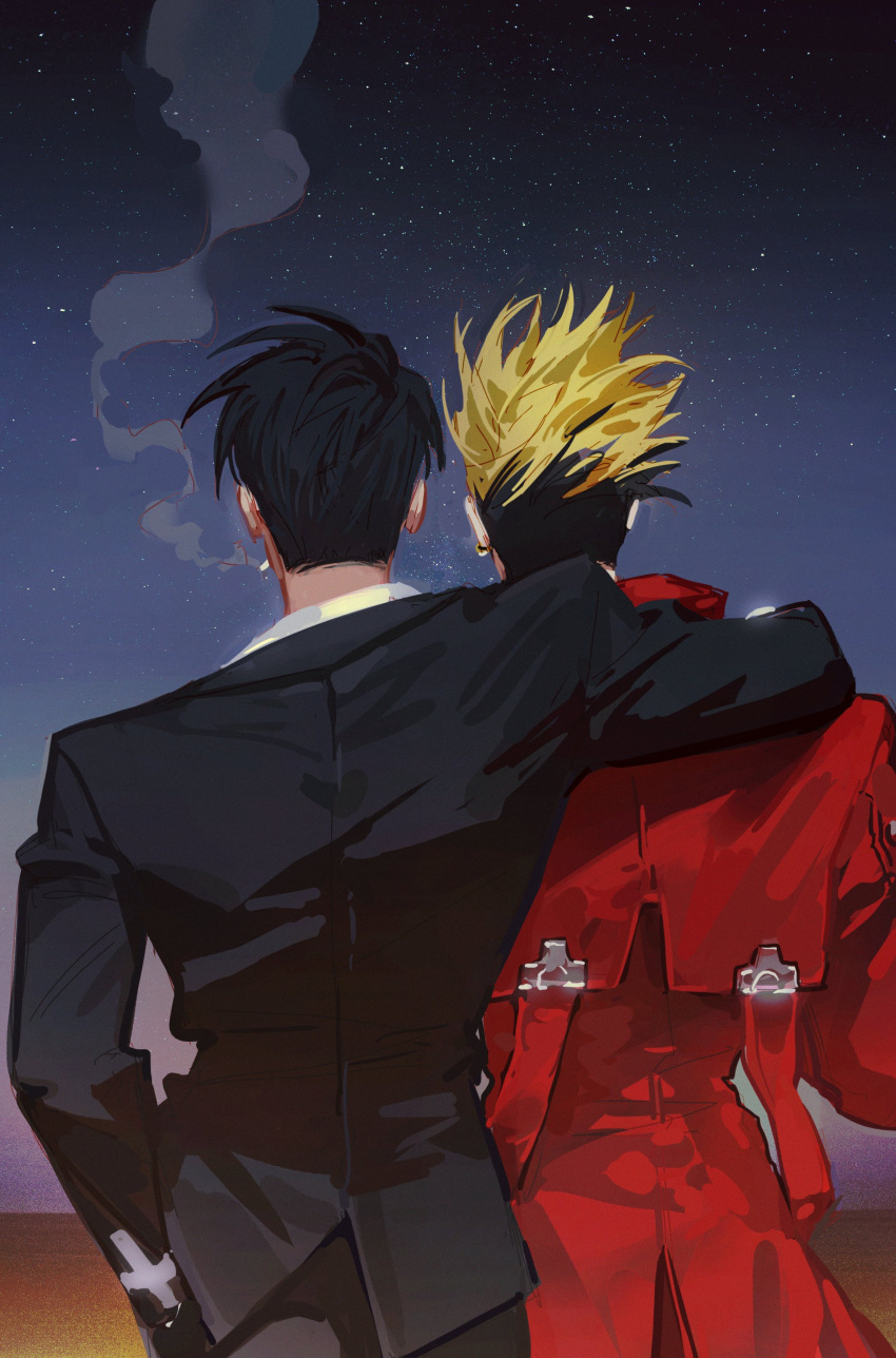 2boys 2tick absurdres arm_around_shoulder black_hair black_jacket black_pants blonde_hair cigarette coat cowboy_shot earrings facing_away from_behind hand_in_pocket highres jacket jewelry long_sleeves male_focus multicolored_hair multiple_boys nicholas_d._wolfwood night outdoors pants red_coat short_hair single_earring smoking standing trigun two-tone_hair vash_the_stampede