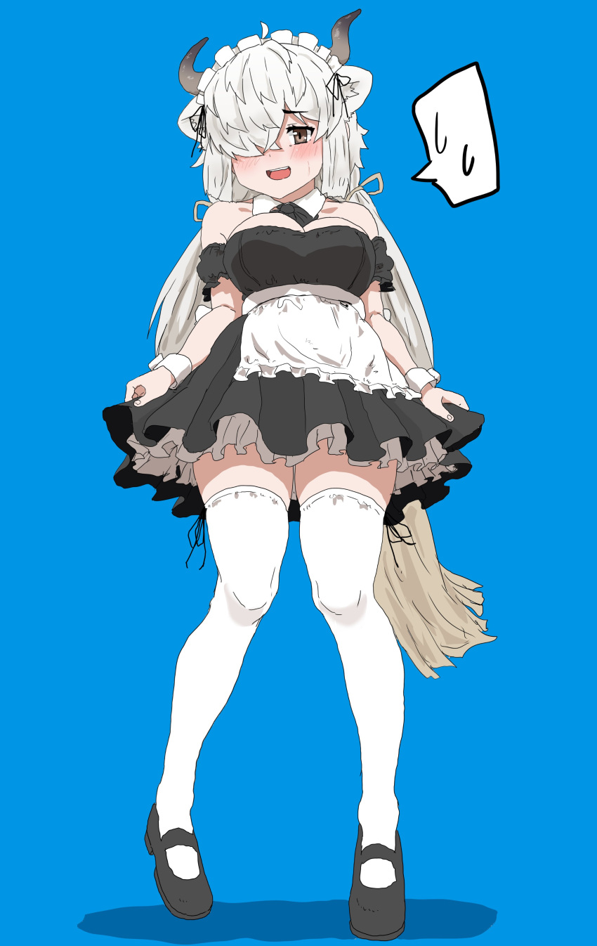1girl absurdres alternate_costume apron bare_shoulders black_bow black_bowtie black_dress blush bow bowtie detached_collar detached_sleeves dress embarrassed enmaided frilled_apron frilled_dress frills from_below hair_over_one_eye highres kemono_friends kumasyan1998 long_hair looking_at_viewer maid maid_apron maid_headdress ox_ears ox_girl ox_horns ox_tail pleated_dress sidelocks solo spoken_sweatdrop sweatdrop thigh-highs twintails white_apron white_hair white_thighhighs wrist_cuffs yak_(kemono_friends) zettai_ryouiki