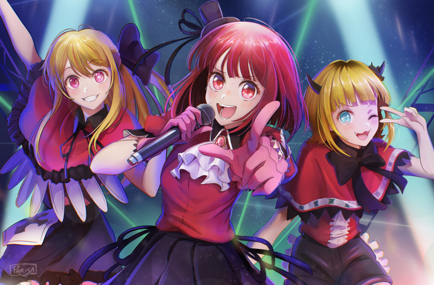 3girls :3 absurdres arima_kana arm_up ascot black_bow black_bowtie black_ribbon black_shorts black_skirt blonde_hair blue_eyes blunt_bangs blush bob_cut bow bowtie capelet chromatic_aberration collared_shirt commentary demon_horns english_commentary fake_horns fang floating_hair frilled_capelet frilled_gloves frilled_skirt frills gloves hair_between_eyes hair_bow highres holding holding_microphone horns hoshino_ruby idol idol_clothes light_particles long_hair looking_at_viewer medium_hair memcho microphone mismatched_pupils multiple_girls neck_ribbon no_pupils one_eye_closed one_side_up open_mouth oshi_no_ko parisa_reaz pink_eyes pink_gloves pleated_skirt pointing pointing_at_viewer red_brooch red_capelet red_eyes red_shirt redhead ribbon shirt short_hair shorts sidelocks skirt smile stage_lights star-shaped_pupils star_(symbol) sweat symbol-shaped_pupils v watermark white_ascot