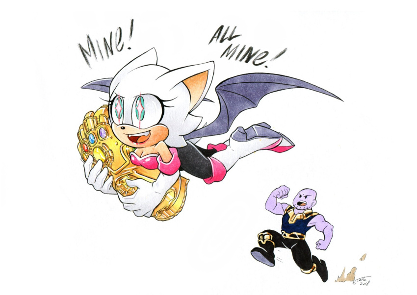 1boy 1girl artist_name bat_wings boots crossover dated english_text finik flying gloves highres infinity_gauntlet marvel open_mouth rouge_the_bat running signature simple_background sonic_(series) teeth thanos upper_teeth_only watermark white_background white_gloves wings