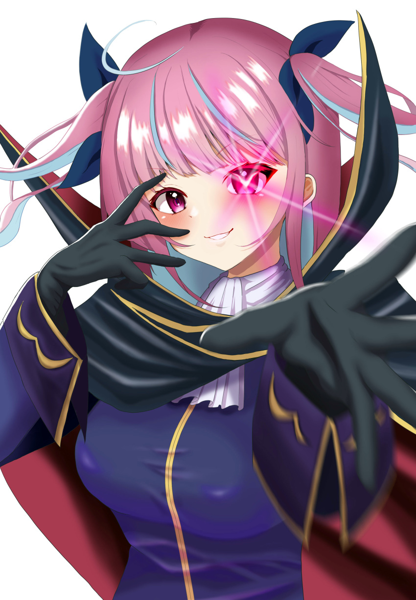 1girl 264_(user_ffyd3374) absurdres ahoge ascot black_cloak black_gloves blue_hair blue_jacket blue_ribbon blunt_bangs breasts cloak code_geass colored_inner_hair cosplay gloves glowing glowing_eye hair_ribbon highres hololive jacket large_breasts long_sleeves looking_at_viewer minato_aqua multicolored_hair purple_hair reaching reaching_towards_viewer ribbon simple_background smile solo streaked_hair symbol_in_eye two-tone_hair two_side_up upper_body v-shaped_eyebrows violet_eyes virtual_youtuber white_background zero_(code_geass) zero_(code_geass)_(cosplay)