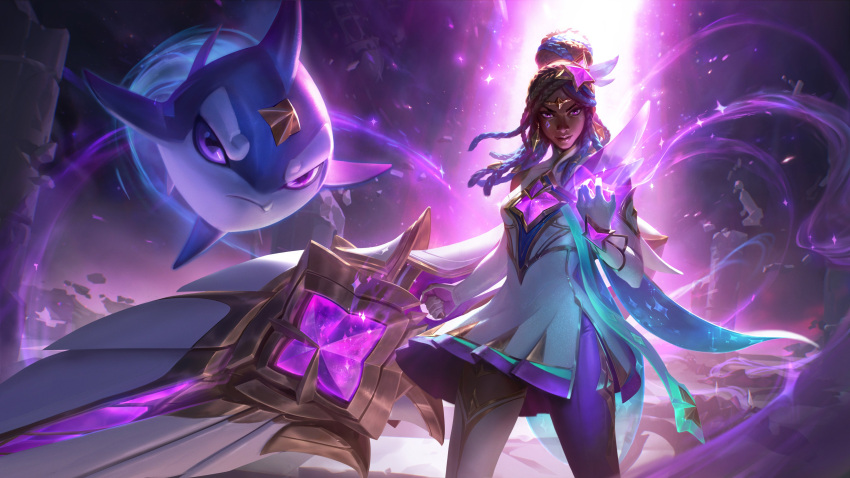 1girl absurdres animal braid brown_hair dress glowing hand_up highres holding holding_weapon league_of_legends long_hair looking_at_viewer multicolored_background multicolored_hair official_art pantyhose pink_eyes pink_hair pink_pantyhose senna_(league_of_legends) shark single_leg_pantyhose single_thighhigh solo star_(symbol) star_guardian_senna thigh-highs weapon white_dress white_thighhighs