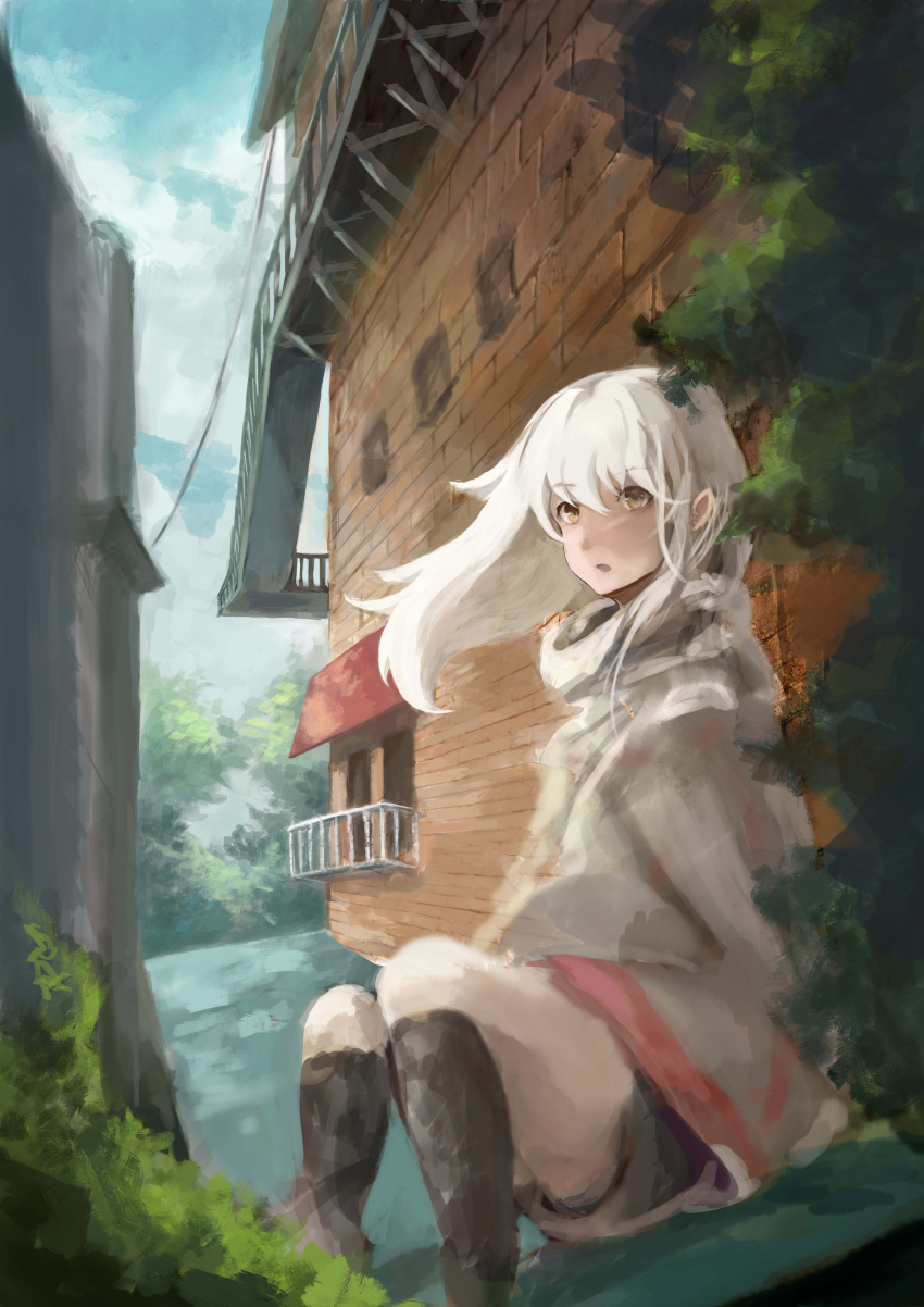1girl absurdres balcony clouds highres jacket long_hair looking_at_viewer open_mouth original rooftop shorts sitting solo stairs touchika tree white_hair yellow_eyes