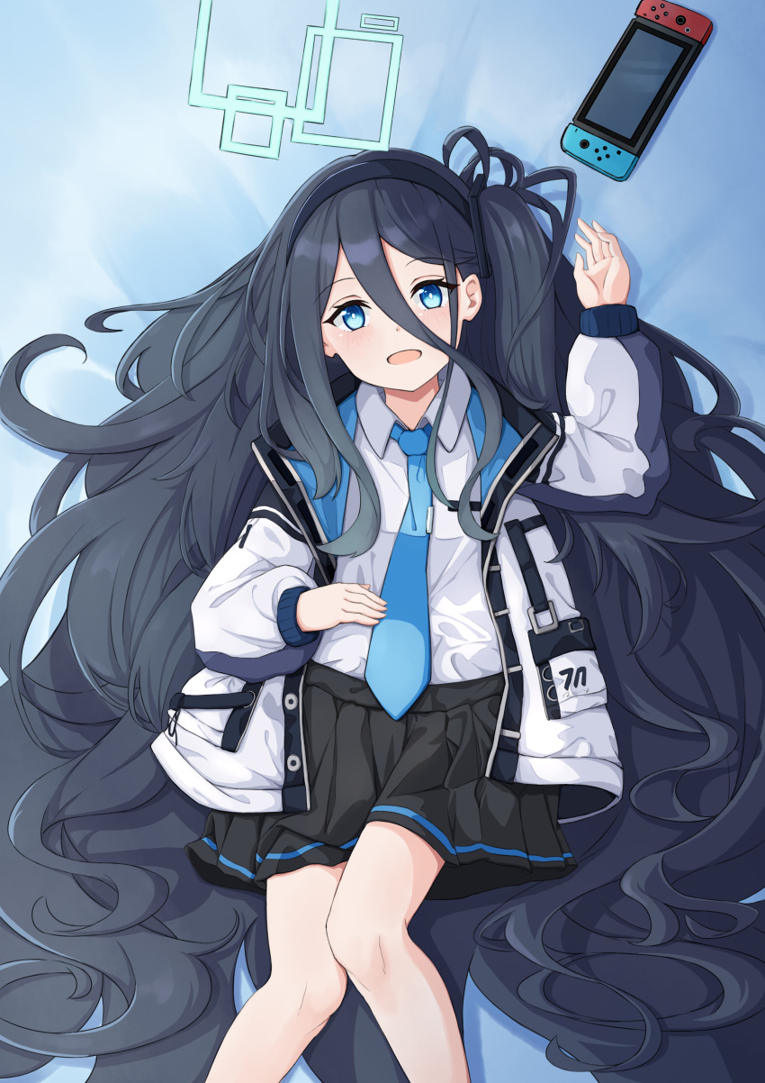 1girl absurdly_long_hair absurdres aris_(blue_archive) black_hair black_hairband black_skirt blue_archive blue_eyes blue_necktie green_halo hair_between_eyes hairband halo highres jacket long_hair lying necktie nintendo_switch on_back one_side_up open_mouth pleated_skirt ribbon school_uniform shirt skirt smile solo ukai_(user_rvvf3458) very_long_hair white_jacket white_shirt