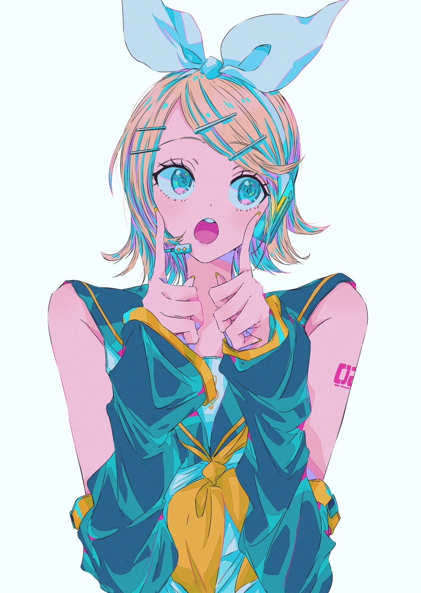 1girl blonde_hair blue_eyes blue_shirt hair_ornament headset highres kagamine_rin looking_to_the_side najuco_(naju0517) neckerchief open_mouth shirt solo tattoo vocaloid white_background yellow_nails yellow_neckerchief
