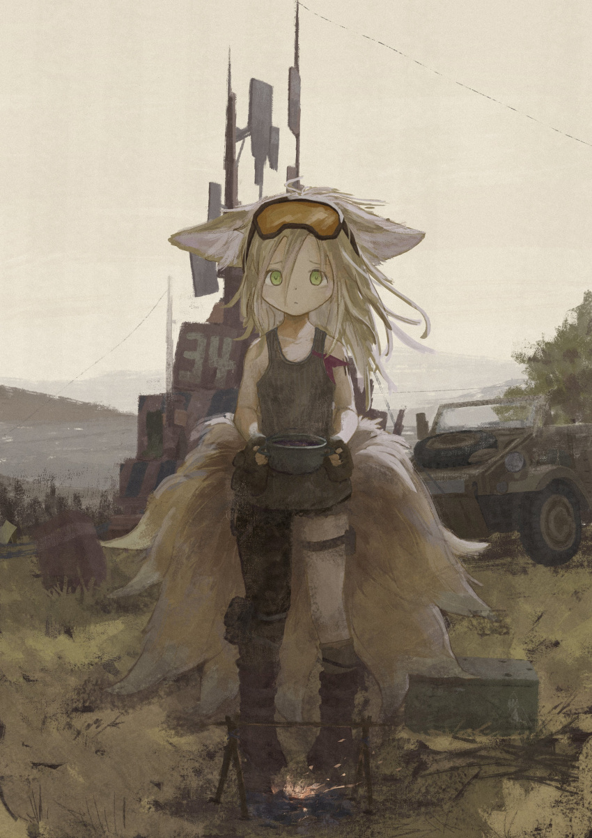 1girl absurdres animal_ear_fluff animal_ears arknights black_tank_top boots campfire closed_mouth fingerless_gloves fox_ears fox_girl fox_tail full_body gloves goggles goggles_on_head green_eyes hair_between_eyes highres holding kitsune kyuubi long_hair looking_at_viewer mani_tamlyn multiple_tails orange_goggles outdoors solo standing suzuran_(arknights) suzuran_(lostlands_flowering)_(arknights) tail tank_top