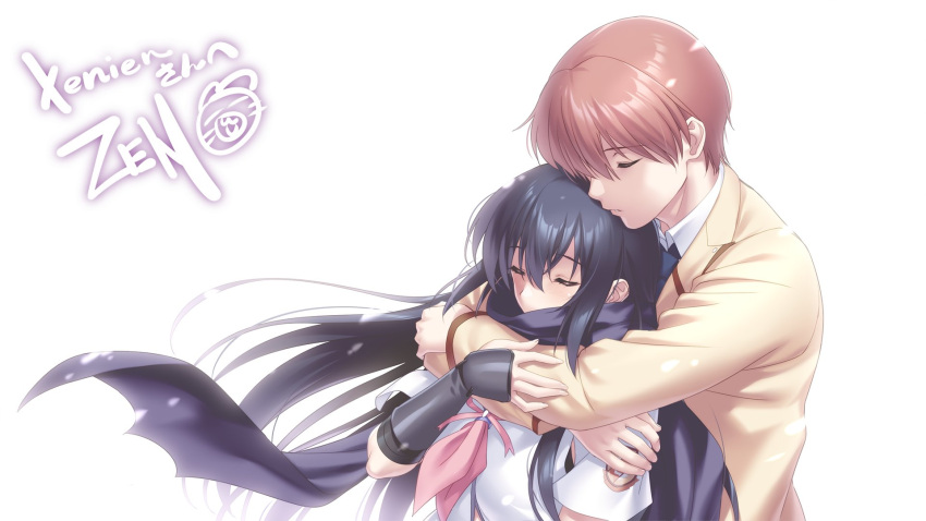 1boy 1girl angel_beats! arms_around_neck black_hair black_scarf blush brown_hair closed_eyes commentary commission couple elbow_gloves english_commentary eyelashes fingerless_gloves fingernails gloves hair_between_eyes hand_on_another's_arm hetero highres hug hug_from_behind jacket long_hair neckerchief nose otonashi_yuzuru paid_reward_available parted_lips pink_neckerchief profile scarf school_uniform second-party_source shiina_(angel_beats!) shirt short_hair short_sleeves signature simple_background skeb_commission straight_hair very_long_hair white_background white_shirt wind wind_lift yellow_jacket zen_(kamuro)