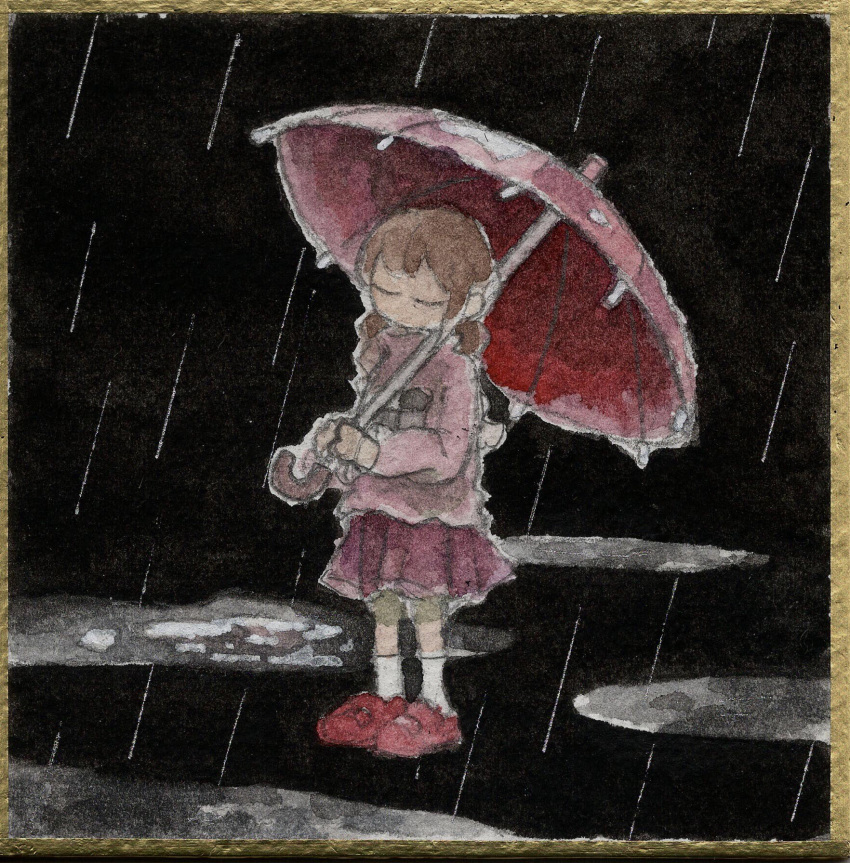 1girl black_background braid brown_hair closed_eyes commentary_request facing_viewer full_body head_tilt highres holding holding_umbrella koto_(patina375887) long_hair long_sleeves madotsuki over_shoulder painting_(medium) photo-referenced pink_sweater pleated_skirt print_sweater puddle purple_skirt rain shikishi shoes skirt socks solo standing surreal sweater traditional_media turtleneck turtleneck_sweater twin_braids two-handed umbrella watercolor_(medium) white_socks yume_nikki