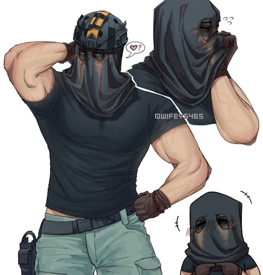 1boy ? arm_behind_head belt black_belt black_gloves black_shirt blush call_of_duty call_of_duty:_modern_warfare_2 closed_eyes covered_face facepaint gloves green_pants heart highres katsu_wifey konig_(call_of_duty) large_pectorals male_focus mask multiple_views muscular muscular_male pants pectorals shirt simple_background twitter_username white_background