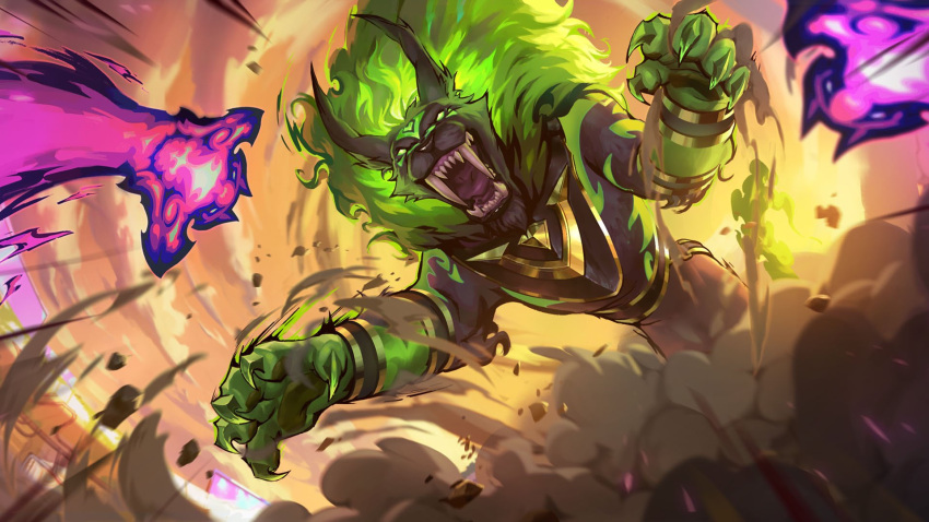 animal claws clouds green_eyes green_hair highres horns league_of_legends long_hair looking_at_viewer nidalee official_art open_mouth sharp_teeth smoke solo soul_fighter_nidalee teeth