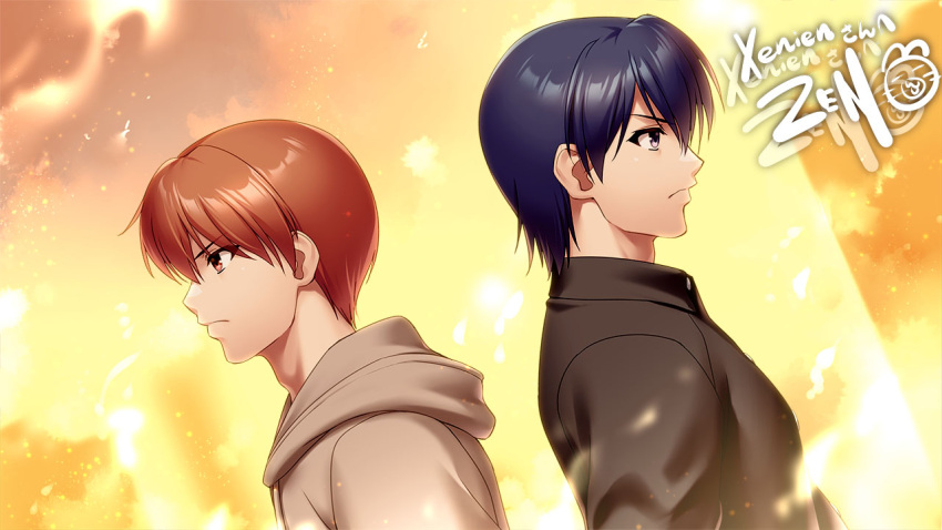 2boys aged_up angel_beats! back-to-back black_jacket blue_hair brown_hair casual closed_mouth commentary commission dutch_angle english_commentary eyelashes fire from_side frown game_cg grey_jacket hair_between_eyes hinata_hideki hood hood_down hooded_jacket jacket lips multiple_boys nose otonashi_yuzuru outdoors paid_reward_available profile red_eyes second-party_source serious short_hair skeb_commission upper_body v-shaped_eyebrows violet_eyes zen_(kamuro)