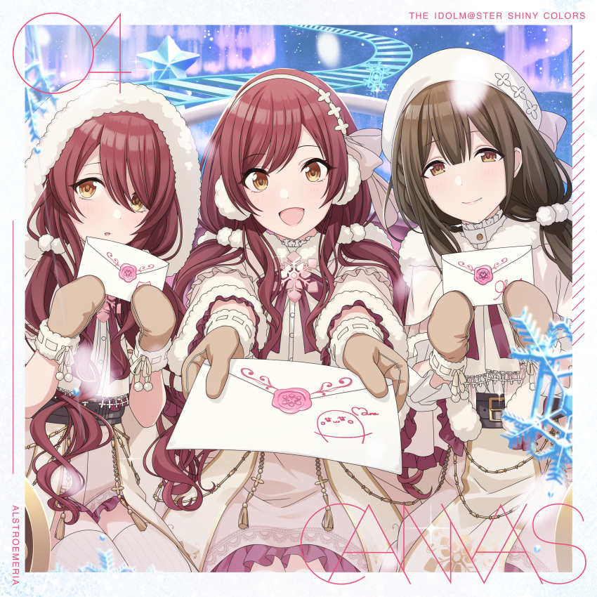 3girls absurdres album_cover alstroemeria_(idolmaster) artist_request belt beret brown_eyes brown_hair cover earmuffs envelope giving hat highres hood idolmaster idolmaster_shiny_colors kuwayama_chiyuki long_hair looking_at_viewer low_twintails mittens multiple_girls official_art open_mouth osaki_amana osaki_tenka redhead swept_bangs twintails yellow_eyes