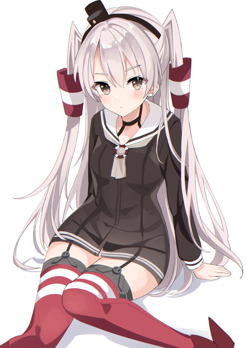 1girl absurdres amatsukaze_(kancolle) arm_support black_dress blush brown_eyes closed_mouth dress fathom grey_hair hair_between_eyes hair_tubes highres kantai_collection long_hair long_sleeves looking_at_viewer red_thighhighs rudder_footwear sailor_collar sailor_dress simple_background solo thigh-highs twintails two_side_up white_background white_sailor_collar
