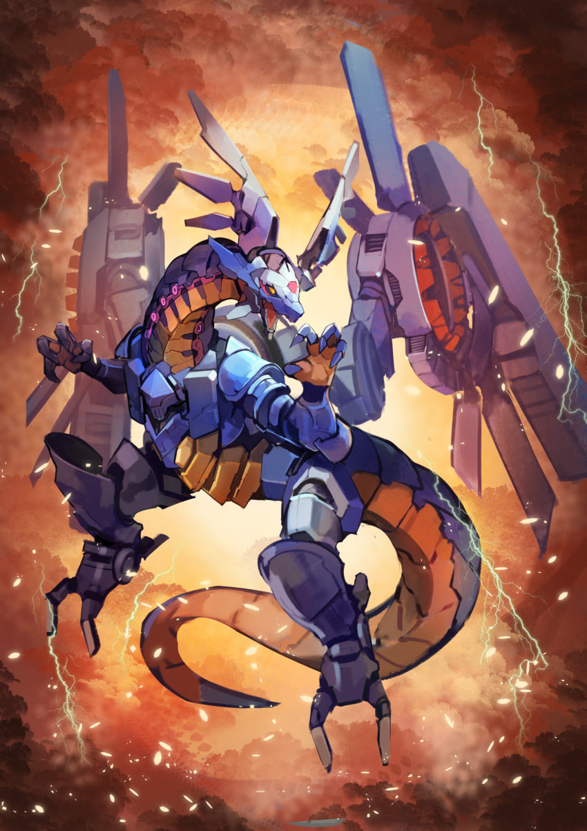 absurdres clouds dragon highres lightning mecha no_humans non-humanoid_robot open_hand open_mouth orange_eyes original robot robot_animal robot_dragon science_fiction solo tail user_grsc2825 wings