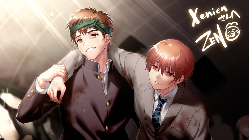 2boys angel_beats! arms_around_neck black_jacket black_necktie black_suit brown_eyes brown_hair character_request collared_shirt commentary commission empty_eyes english_commentary eyes_visible_through_hair game_cg grabbing_another's_arm green_headband grin hair_between_eyes headband highres indoors jacket light_rays long_sleeves looking_afar male_focus multiple_boys necktie otonashi_yuzuru paid_reward_available parted_lips red_eyes rock school_uniform second-party_source shirt short_hair sidelighting signature skeb_commission smile striped_necktie suit tunnel upper_body white_shirt zen_(kamuro)