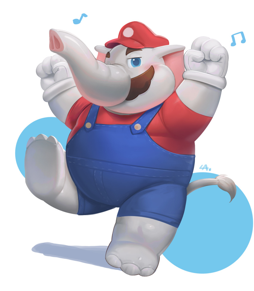 1boy blue_eyes blue_overalls blush clenched_hands elephant_mario facial_hair gloves hat highres initial looking_at_viewer mario musical_note mustache overalls red_headwear shoyuna_(cai1448331577) simple_background solo super_mario_bros. super_mario_bros._wonder white_gloves