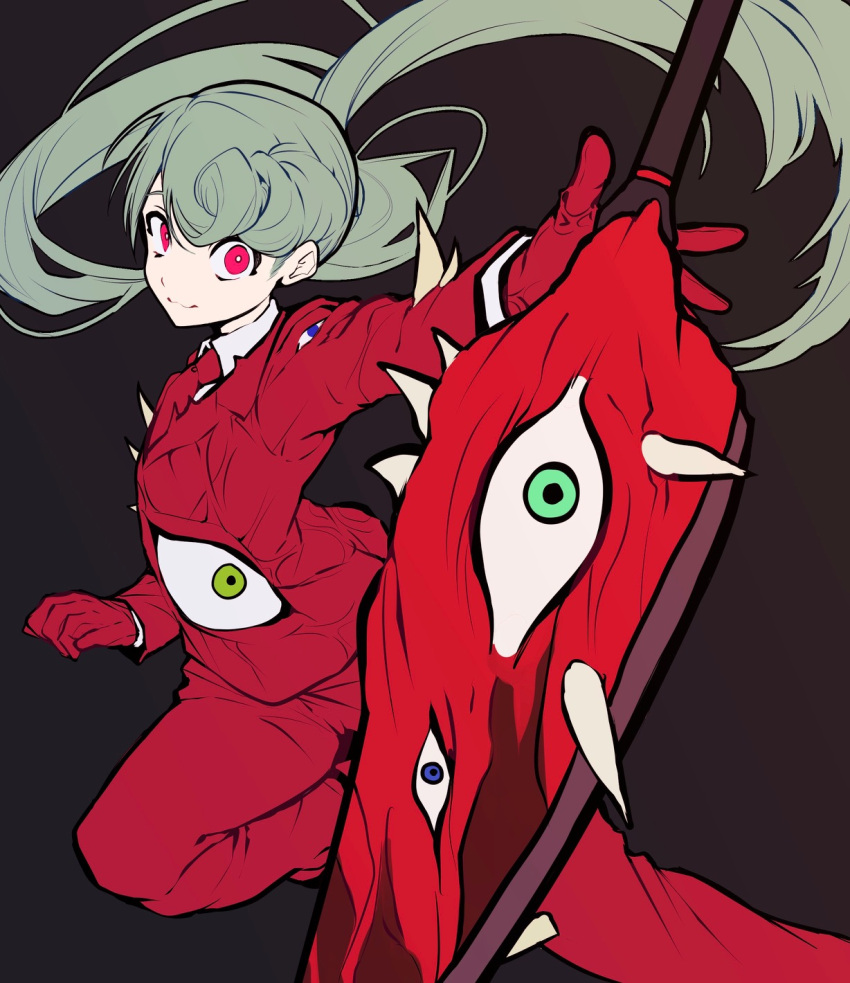 :3 aosoraa6 bright_pupils brown_background closed_mouth collared_shirt commentary_request e.g.o_(project_moon) employee_(lobotomy_corporation) flat_color gloves green_hair highres jacket lobotomy_corporation long_hair long_sleeves necktie nothing_there pants pink_eyes ponytail project_moon red_gloves red_jacket red_necktie red_pants shirt simple_background sword weapon white_pupils white_shirt