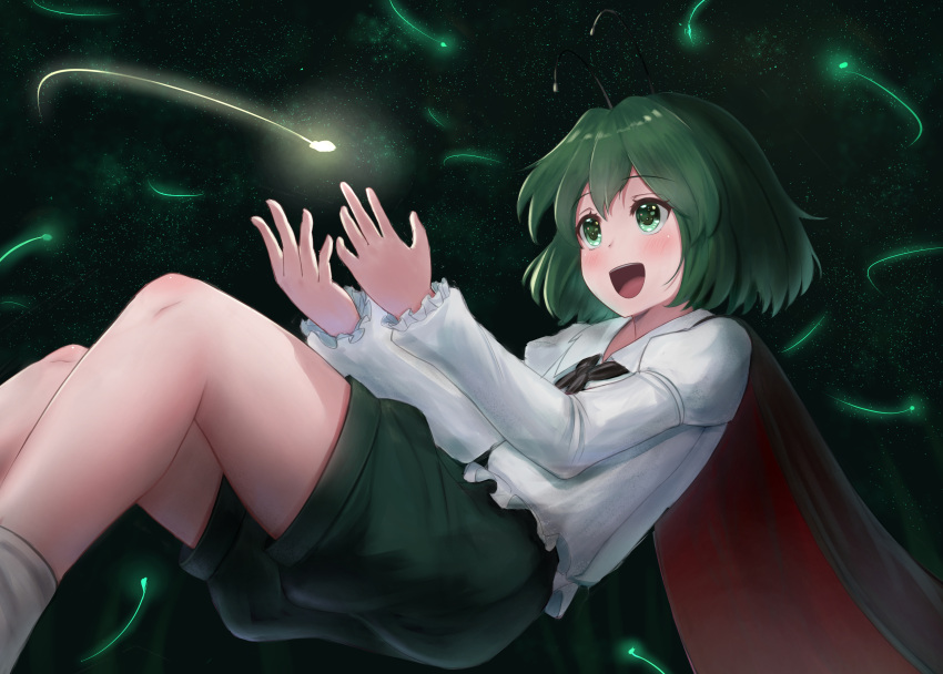 1girl :d absurdres antennae black_cape black_shorts blush cape collared_shirt commentary_request feet_out_of_frame fireflies flat_chest frilled_sleeves frills green_eyes green_hair highres long_sleeves luke_(kyeftss) medium_bangs open_mouth red_cape shirt short_hair shorts smile socks solo touhou two-sided_cape two-sided_fabric white_shirt white_socks wriggle_nightbug
