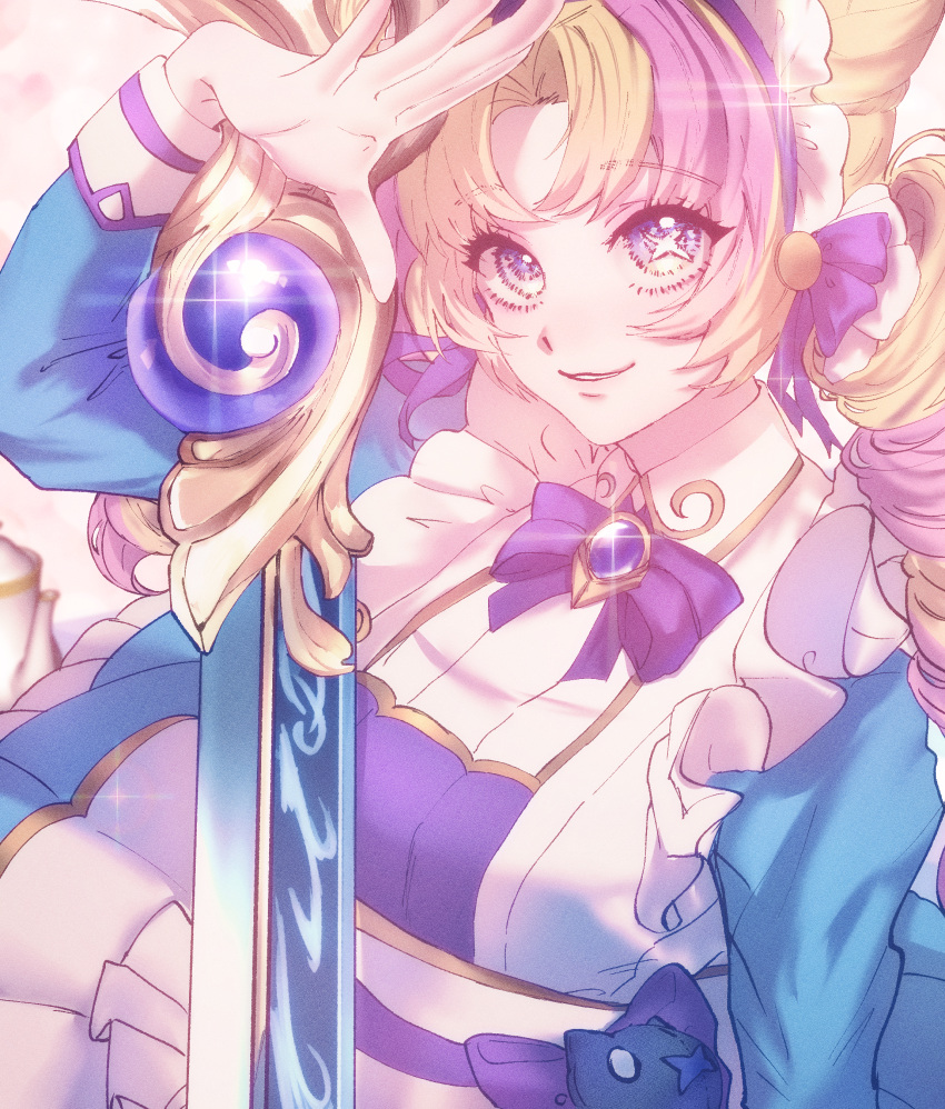 1girl absurdres alternate_costume blonde_hair bow bowtie cafe_cuties_(league_of_legends) cafe_cuties_gwen cone_hair_bun drill_hair gwen_(league_of_legends) hair_bun highres league_of_legends long_sleeves maid maid_headdress multicolored_hair official_alternate_costume parted_bangs pink_hair scissors solo two-tone_hair wcag3578