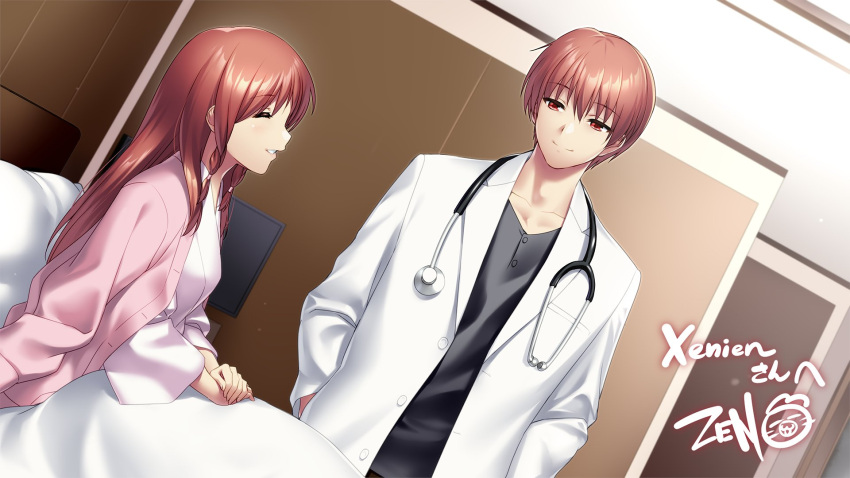 1boy 1girl ^_^ aged_up angel_beats! bed black_shirt braid brother_and_sister brown_hair closed_eyes closed_mouth coat commentary commission dutch_angle english_commentary game_cg hair_between_eyes half-closed_eyes highres hospital_bed hospital_gown indoors jacket lab_coat light_blush long_hair looking_at_another nose open_clothes open_coat open_jacket otonashi_hatsune otonashi_yuzuru own_hands_together paid_reward_available parted_lips pink_jacket profile red_eyes second-party_source shirt short_hair siblings sidelocks sitting skeb_commission smile standing stethoscope straight_hair twin_braids under_covers zen_(kamuro)