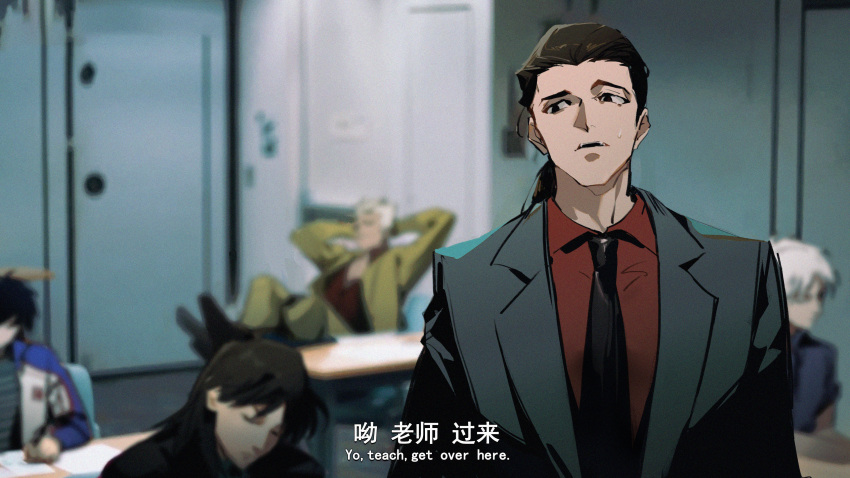 5boys absurdres akagi:_yami_ni_oritatta_tensai akagi_shigeru arms_behind_head black_eyes black_hair black_jacket black_necktie blazer blurry blurry_background chinese_text closed_eyes collared_shirt commentary_request creator_connection english_text gin_to_kin highres hirai_ginji itou_kaiji jacket kaiji long_hair medium_bangs morita_tetsuo multiple_boys necktie open_mouth parody red_shirt shirt short_hair subtitled suit this_giant_beast_that_is_the_global_economy tobaku_haouden_zero ukai_zero upper_body white_hair yi_guo_xigua_tong