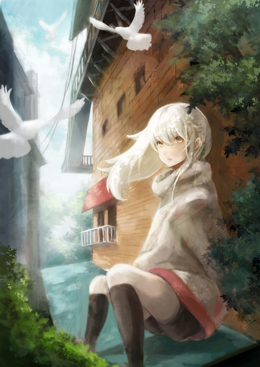 1girl absurdres balcony bird clouds dove highres jacket long_hair looking_at_viewer open_mouth original rooftop shorts sitting solo stairs touchika tree white_hair yellow_eyes