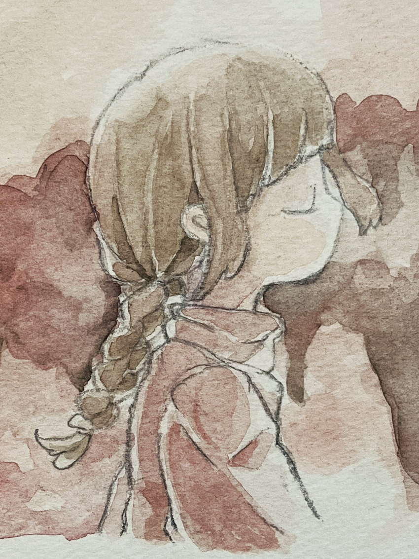 1girl abstract_background blunt_bangs braid brown_hair closed_eyes commentary_request cropped_torso expressionless from_side highres koto_(patina375887) limited_palette long_hair long_sleeves madotsuki no_mouth painting_(medium) profile red_background red_sweater solo sweater traditional_media turtleneck turtleneck_sweater watercolor_(medium) yume_nikki