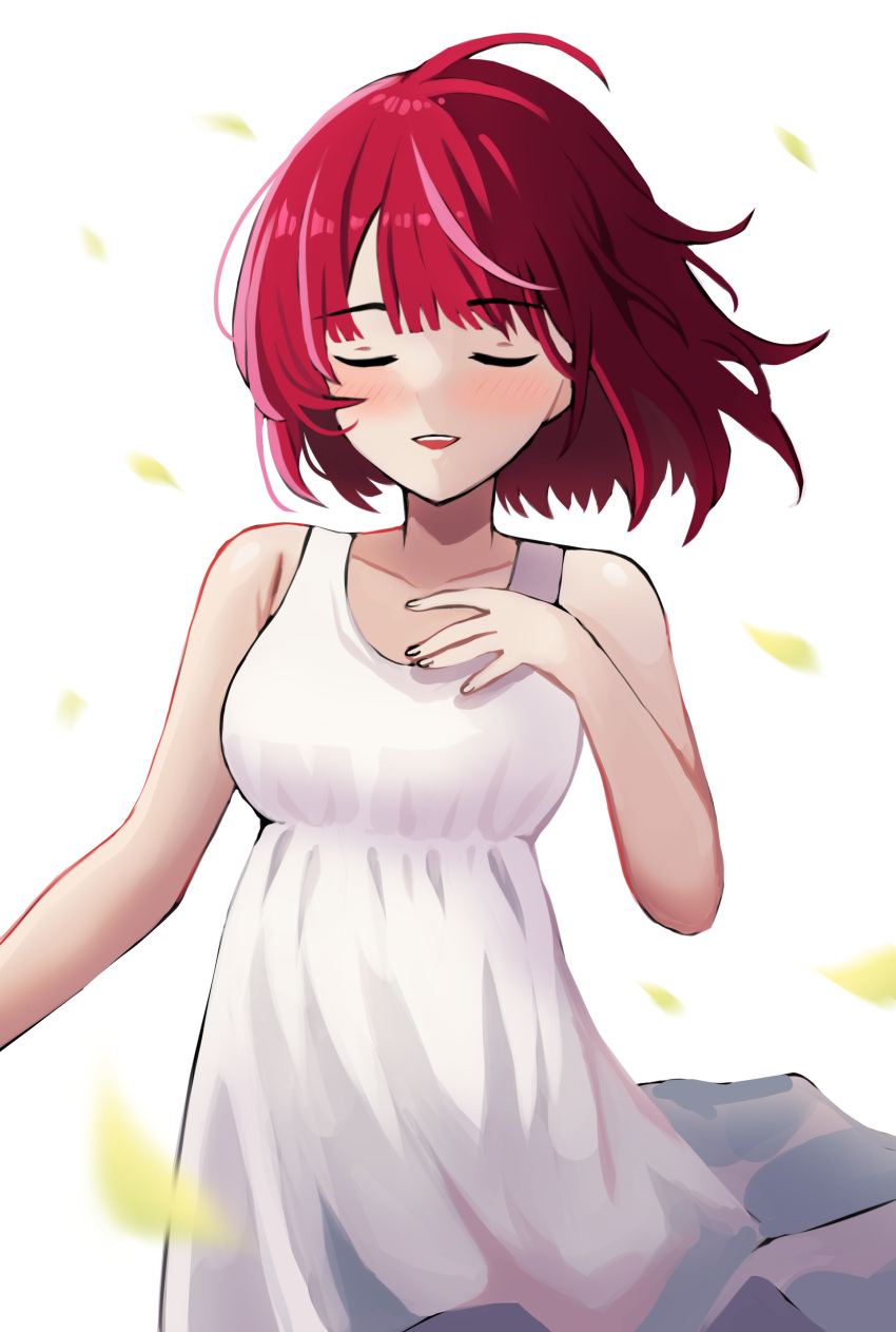 1girl absurdres arima_kana bare_shoulders blunt_bangs blurry blurry_foreground blush breasts closed_eyes collarbone commentary cowboy_shot dress falling_petals floating_hair highres jerrytz large_breasts open_mouth oshi_no_ko petals redhead romaji_commentary short_hair simple_background sleeveless sleeveless_dress solo white_background white_dress