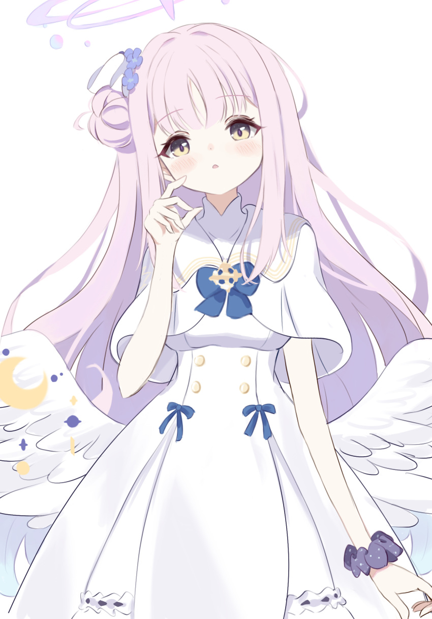 1girl angel_wings black_footwear blue_archive blue_bow blue_bowtie blush bow bowtie capelet cram960 dress frilled_dress frills hair_bun hair_ornament hair_scrunchie halo highres long_hair looking_at_viewer low_wings mika_(blue_archive) pantyhose pink_hair scrunchie simple_background single_hair_bun smile solo white_capelet white_dress white_pantyhose white_scrunchie white_wings wing_ornament wings wrist_scrunchie yellow_eyes