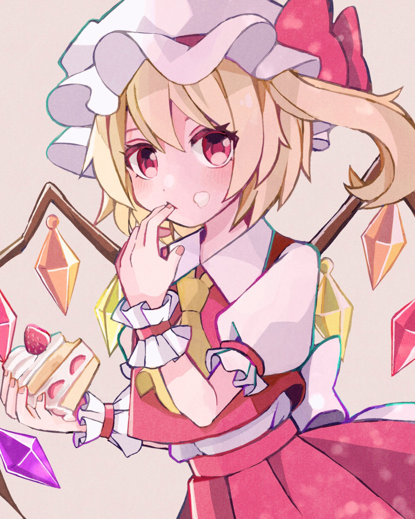 1girl blonde_hair cake collared_shirt crystal fingernails flandre_scarlet food food_on_face frilled_shirt_collar frilled_sleeves frills fruit hat highres holding holding_food long_hair mob_cap nauka one_side_up puffy_short_sleeves puffy_sleeves red_eyes red_skirt red_vest shirt short_sleeves skirt solo strawberry strawberry_shortcake touhou upper_body vest white_headwear white_shirt wings wrist_cuffs