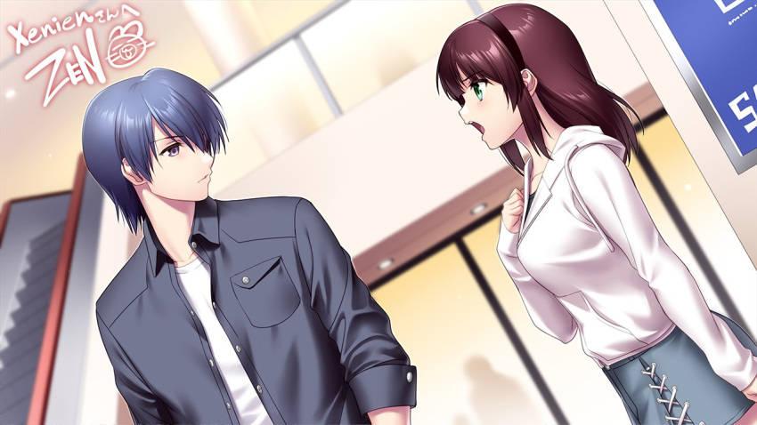 1boy 1girl angel_beats! arm_at_side black_hairband black_jacket blue_hair blurry blurry_background breasts casual closed_mouth collarbone commentary commission cross-laced_clothes cross-laced_skirt depth_of_field dutch_angle english_commentary eye_contact frown game_cg green_eyes grey_skirt hair_between_eyes hairband hand_up hinata_hideki hood hood_down hooded_jacket indoors jacket light_blush looking_at_another medium_breasts medium_hair miniskirt nakamura_yuri nose open_clothes open_jacket open_mouth paid_reward_available pencil_skirt purple_hair second-party_source shirt short_hair sidelocks signature skeb_commission skirt sleeves_past_wrists stairs teeth upper_teeth_only v-shaped_eyebrows violet_eyes white_jacket white_shirt zen_(kamuro)
