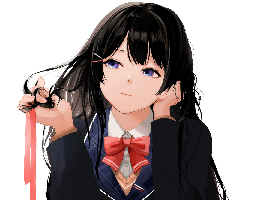 1girl black_hair black_jacket blazer blue_eyes bow bowtie brown_sweater collared_shirt dress_shirt hair_down half-closed_eyes hand_on_own_head hands_up head_rest head_tilt highres holding holding_ribbon jacket light_smile lips long_hair looking_to_the_side messy_hair multicolored_eyes nijisanji playing_with_own_hair red_bow red_bowtie red_ribbon ribbon school_uniform shirt simple_background solo straight-on sweater tsukino_mito tsukino_mito_(1st_costume) umeume332 upper_body violet_eyes virtual_youtuber white_background white_shirt