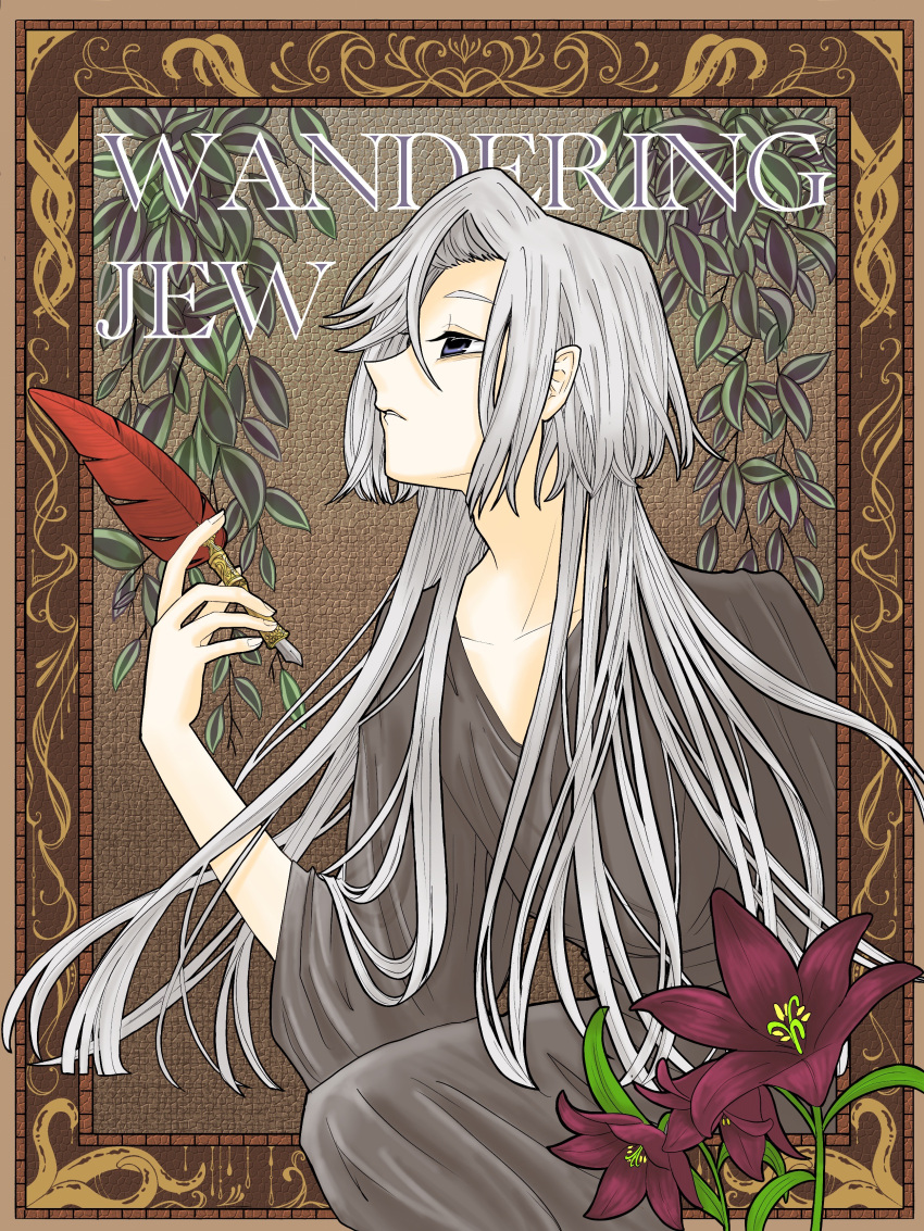 1boy absurdres character_name empty_eyes english_text expressionless feet_out_of_frame flower grey_hair highres holding holding_pen joseph_cartaphilus kopiki_(dwcsh226) long_hair looking_ahead mahou_tsukai_no_yome male_focus parted_lips pen plant purple_flower quill sitting skinny solo swept_bangs