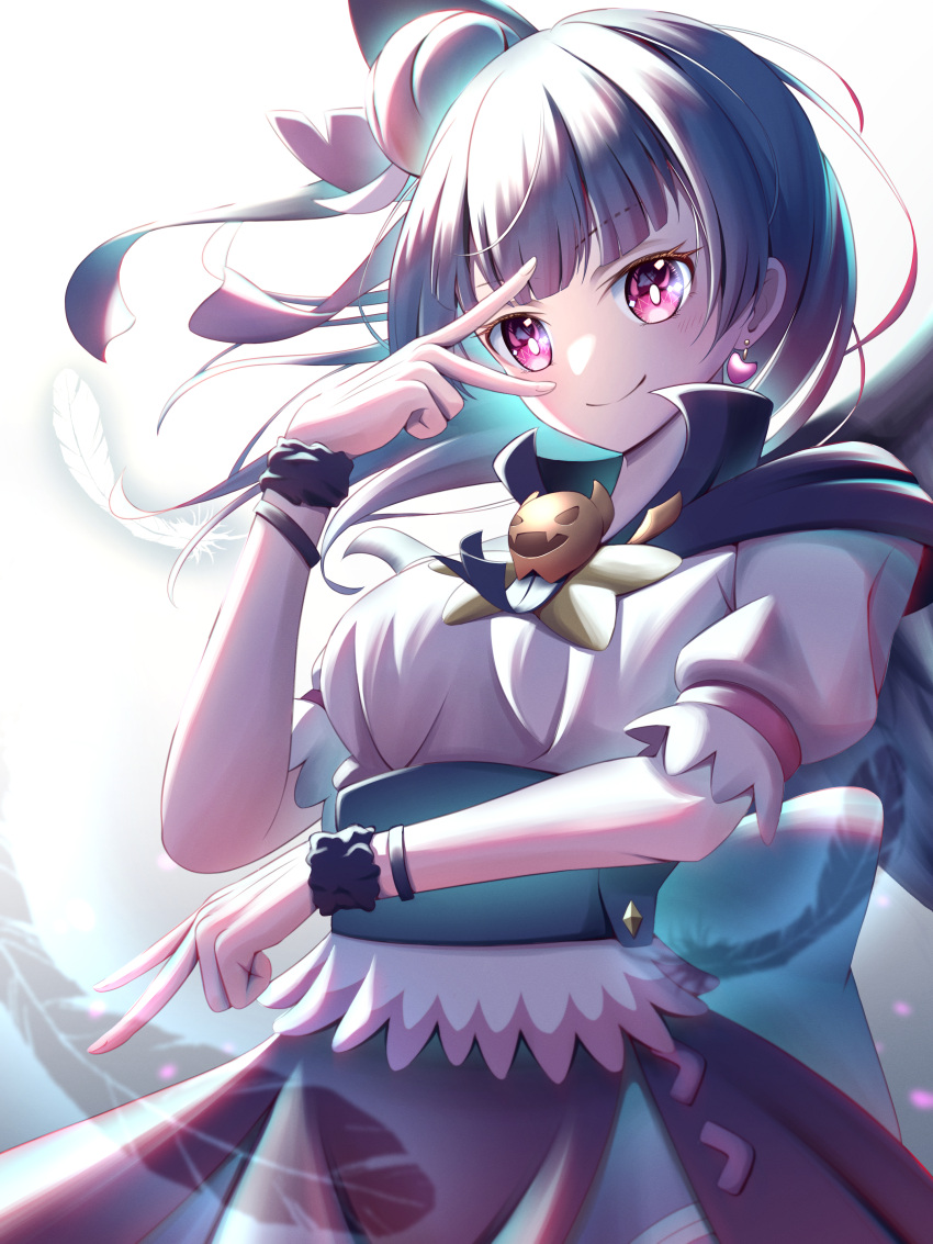 1girl absurdres belt black_belt black_cape blunt_bangs blush bracelet breasts cape chromatic_aberration closed_mouth commentary_request cowboy_shot double_v feathers film_grain floating_hair genjitsu_no_yohane hair_bun high_collar highres jewelry kimimaru_(kdive_nft) long_hair looking_at_viewer love_live! love_live!_sunshine!! pink_eyes puffy_short_sleeves puffy_sleeves short_sleeves smile solo sparkle tsushima_yoshiko v v_over_eye white_background