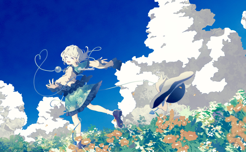1girl :d absurdres black_footwear blue_sky closed_eyes clouds commentary_request field floral_print flower flower_field full_body green_skirt heart heart_of_string highres komeiji_koishi light_green_hair long_sleeves mitunanaki open_mouth outdoors rose_print shirt skirt sky smile solo third_eye touhou yellow_shirt