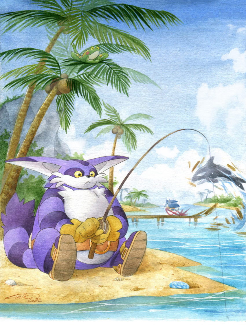 2boys big_the_cat blue_sky brown_gloves clouds day finik fishing_rod froggy_(sonic) gloves highres holding holding_fishing_rod multiple_boys orca outdoors palm_tree sand shoes signature sitting sky sonic_(series) sonic_the_hedgehog tree water