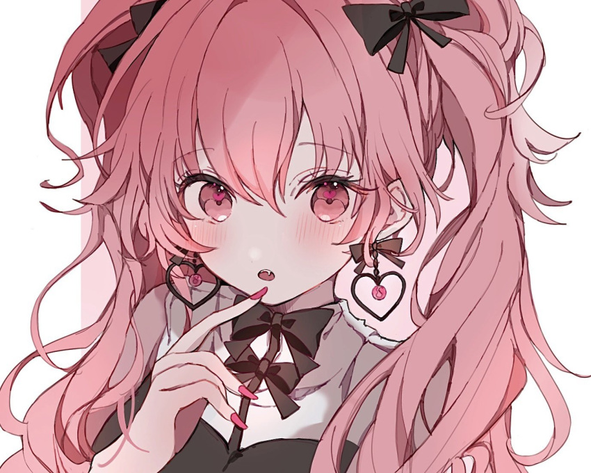 1girl black_bow blush bow commentary_request earrings fang hair_bow heart heart_earrings heart_in_eye jewelry long_hair looking_at_viewer momoi_airi open_mouth pink_eyes pink_hair pink_nails project_sekai solo symbol_in_eye twintails uya_(moffy03)