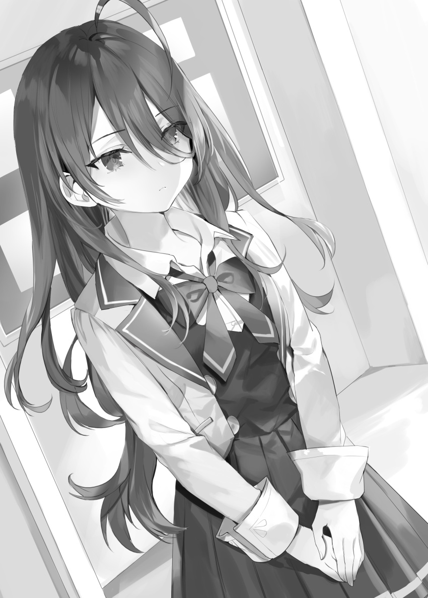 1girl absurdres ahoge blazer breasts buttons chalkboard classroom closed_mouth collarbone collared_jacket collared_shirt commentary_request cowboy_shot dress ears_visible_through_hair expressionless eyes_visible_through_hair greyscale hair_between_eyes hair_over_shoulder highres indoors jacket kimishima_ayano long_hair long_sleeves looking_ahead loose_neck_ribbon medium_breasts messy_hair momoko_(momopoco) monochrome neck_ribbon novel_illustration official_art open_clothes open_jacket own_hands_together pleated_dress pleated_shirt pleated_sleeves ribbon school_uniform shirt sidelocks solo standing swept_bangs tokidoki_bosotto_roshia-go_de_dereru_tonari_no_arya-san very_long_hair wall