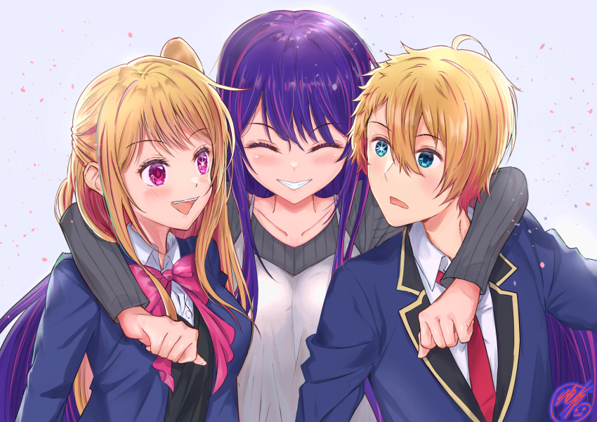 1boy 2girls arm_around_neck black_vest blonde_hair blue_eyes blue_jacket blush bow bowtie brother_and_sister closed_eyes closed_mouth collarbone collared_shirt commentary_request dress falling_petals grey_sweater hair_between_eyes highres hoshino_ai_(oshi_no_ko) hoshino_aquamarine hoshino_ruby jacket long_hair long_sleeves looking_at_another mismatched_pupils mother_and_daughter mother_and_son multiple_girls necktie one_side_up open_clothes open_jacket open_mouth oshi_no_ko petals pinafore_dress pink_bow pink_bowtie pink_eyes purple_hair red_necktie ribbed_sweater shirt short_hair siblings sidelocks signature sleeveless sleeveless_dress smile star-shaped_pupils star_(symbol) sweater symbol-shaped_pupils teeth twins upper_body upper_teeth_only vest white_dress white_shirt zetsuki_(theendoftheworid)