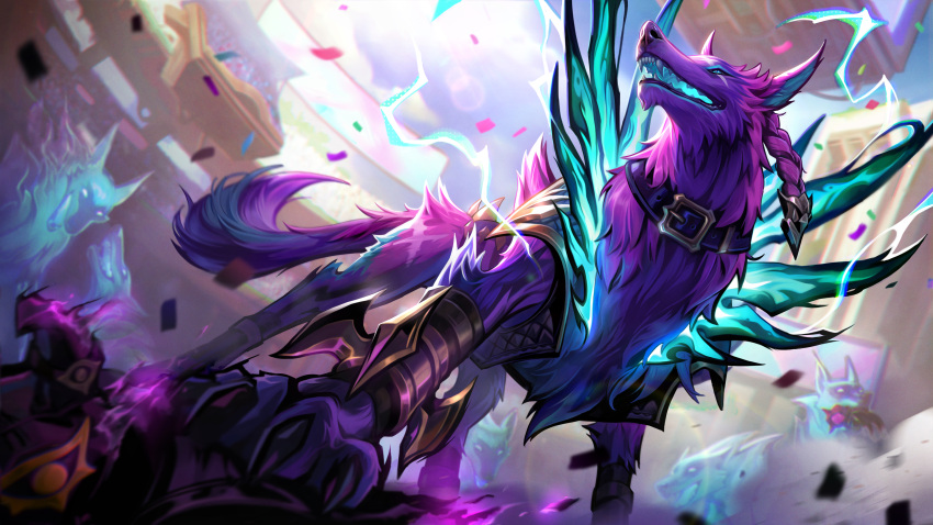 absurdres animal braid claws confetti day dog glowing_mouth highres league_of_legends naafiri no_humans official_art open_mouth outdoors pack_of_dogs sharp_teeth soul_fighter_naafiri stadium teeth wolf