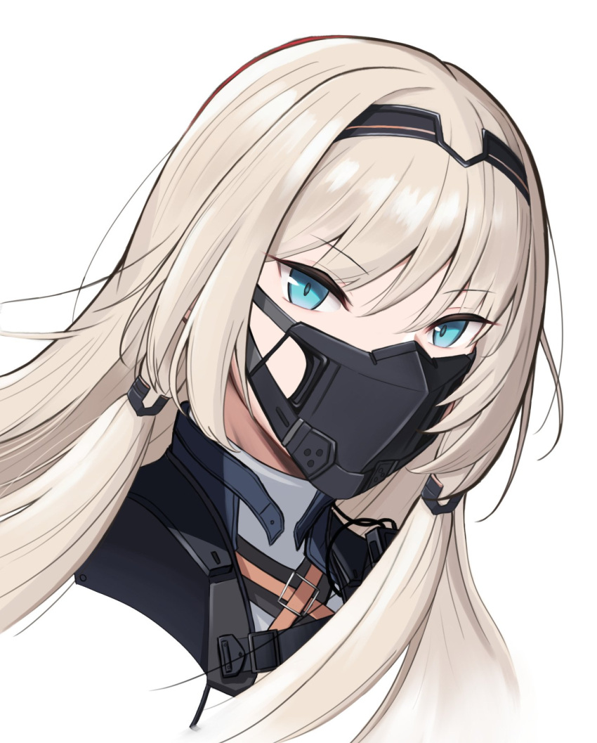 1girl an-94_(girls'_frontline) black_mask blonde_hair blue_eyes citrus7763 commentary cropped_shoulders girls_frontline hairband highres looking_at_viewer looking_to_the_side mask simple_background solo white_background