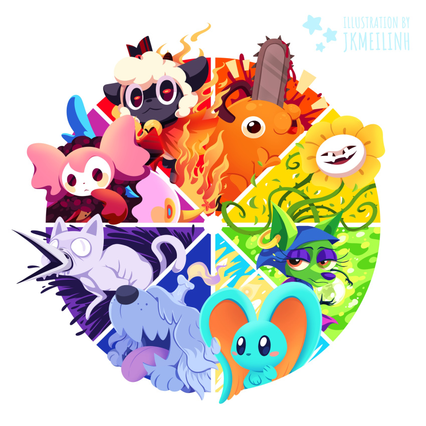 artist_name candle chainsaw chainsaw_man charlotte_(madoka_magica) color_wheel_challenge courage_the_cowardly_dog cult_of_the_lamb dog elfilin fire flower flowey_(undertale) greavard highres japhet jkmeilinh kirby_(series) kirby_and_the_forgotten_land mahou_shoujo_madoka_magica mahou_shoujo_madoka_magica_(anime) no_humans off_(game) plant pochita_(chainsaw_man) pokemon pokemon_(creature) sheep shirley_(courage_the_cowardly_dog) the_lamb_(cult_of_the_lamb) thorns undertale vines yellow_flower