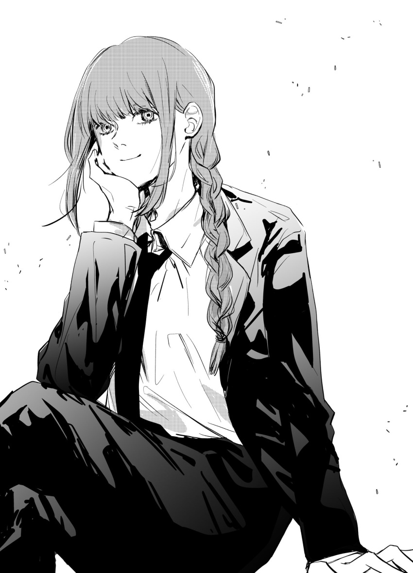 1girl arm_support braid chainsaw_man cheek_rest closed_mouth collared_shirt commentary_request dress_shirt feet_out_of_frame greyscale hair_over_shoulder hand_on_own_cheek hand_on_own_face hand_up highres invisible_chair jacket lapels light_smile long_hair long_sleeves looking_at_viewer makima_(chainsaw_man) monochrome necktie nostrils notched_lapels open_clothes open_jacket pants partial_commentary ringed_eyes saitou_shiori_(pixiv14549321) shirt simple_background single_braid sitting solo