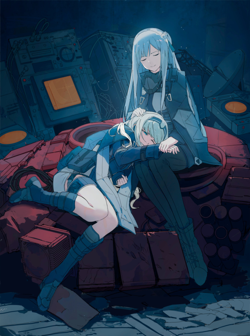2girls absurdres ak-12_(girls'_frontline) an-94_(girls'_frontline) aqua_hair belt_pouch boots cape closed_eyes dear_faith girls_frontline grey_hair hand_on_another's_head headband headpat highres holding_hands lap_pillow long_hair mask mask_removed mouth_mask multiple_girls pants pouch sitting tactical_clothes tank_turret thigh_strap