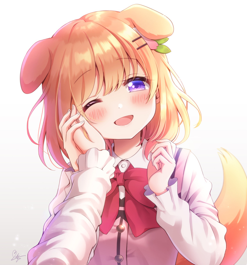 2girls ;d animal_ears artist_name blush bow bowtie commentary_request dog_ears dog_girl dog_tail extra_ears female_pov gochuumon_wa_usagi_desu_ka? hair_ornament hairclip hand_on_another's_cheek hand_on_another's_face happy head_tilt highres hoto_cocoa kemonomimi_mode long_sleeves medium_hair mozukun43 multiple_girls one_eye_closed open_mouth orange_hair pink_vest pov rabbit_house_uniform red_bow red_bowtie shirt smile solo_focus tail twitter_username upper_body vest violet_eyes white_shirt