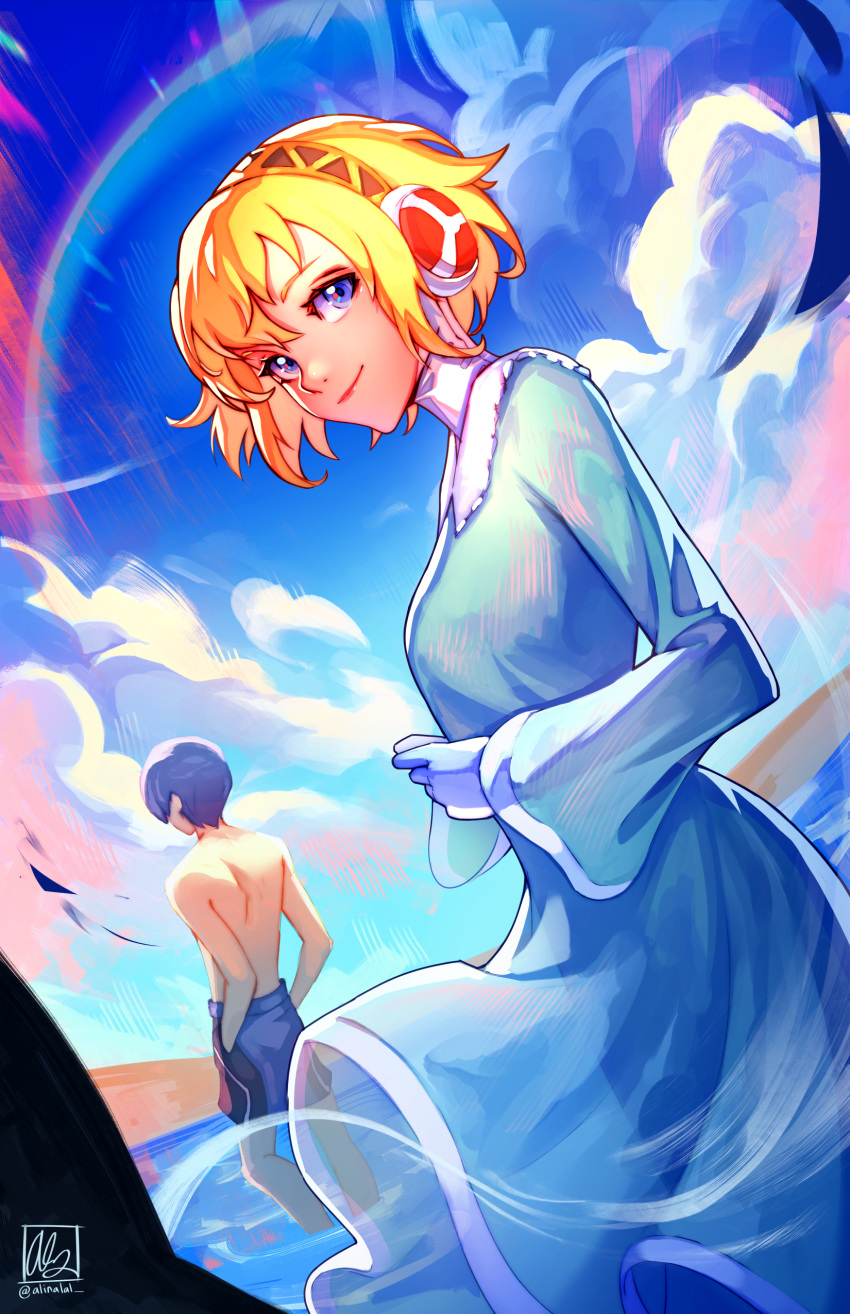absurdres aegis_(persona) alina_l android beach blonde_hair blue_dress blue_eyes blue_hair blue_sky blue_swim_trunks clouds day dress frilled_dress frills from_behind hairband highres lens_flare light_rays outdoors persona persona_3 sand short_hair signature sky twitter_username water yuuki_makoto