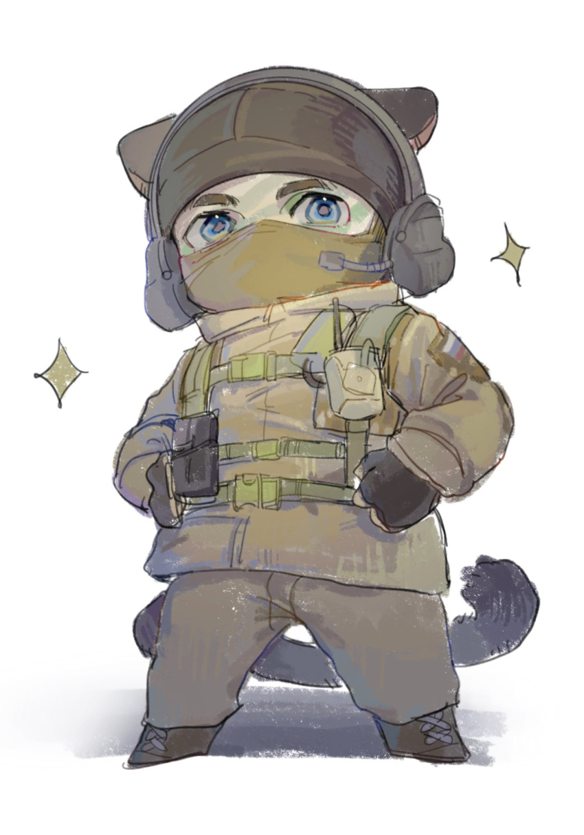 1boy animal_ears black_gloves blue_eyes brown_jacket brown_pants cat_boy cat_ears cat_tail covered_mouth fingerless_gloves glaz_(rainbow_six_siege) gloves guanzi_yoo hat headphones highres jacket looking_at_viewer male_focus pants rainbow_six_siege simple_background solo tail white_background