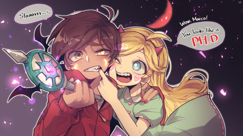 1boy 1girl blonde_hair blue_eyes brown_eyes brown_hair couple horns magic_wand marco_diaz star_butterfly star_vs_the_forces_of_evil