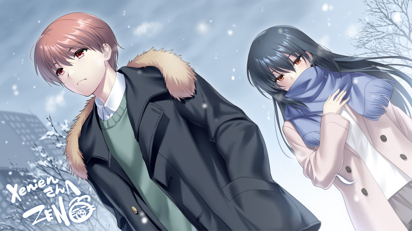 1boy 1girl angel_beats! black_coat black_hair blue_scarf brown_hair casual closed_mouth clouds cloudy_sky coat commentary commission dutch_angle english_commentary eyelashes eyes_visible_through_hair floating_hair frown fur-trimmed_coat fur_trim hair_between_eyes hand_in_pocket hand_up highres light_blush long_hair looking_afar looking_down open_clothes open_coat orange_eyes otonashi_yuzuru outdoors paid_reward_available red_eyes scarf second-party_source shiina_(angel_beats!) short_hair signature skeb_commission sky snowing standing visible_air winter yellow_coat zen_(kamuro)
